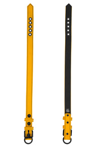 ARMY OF MEN 1" wide CLASSIC COLLAR NARROW - Yellow with matte black hardware, laid flat and showing both the front and back.