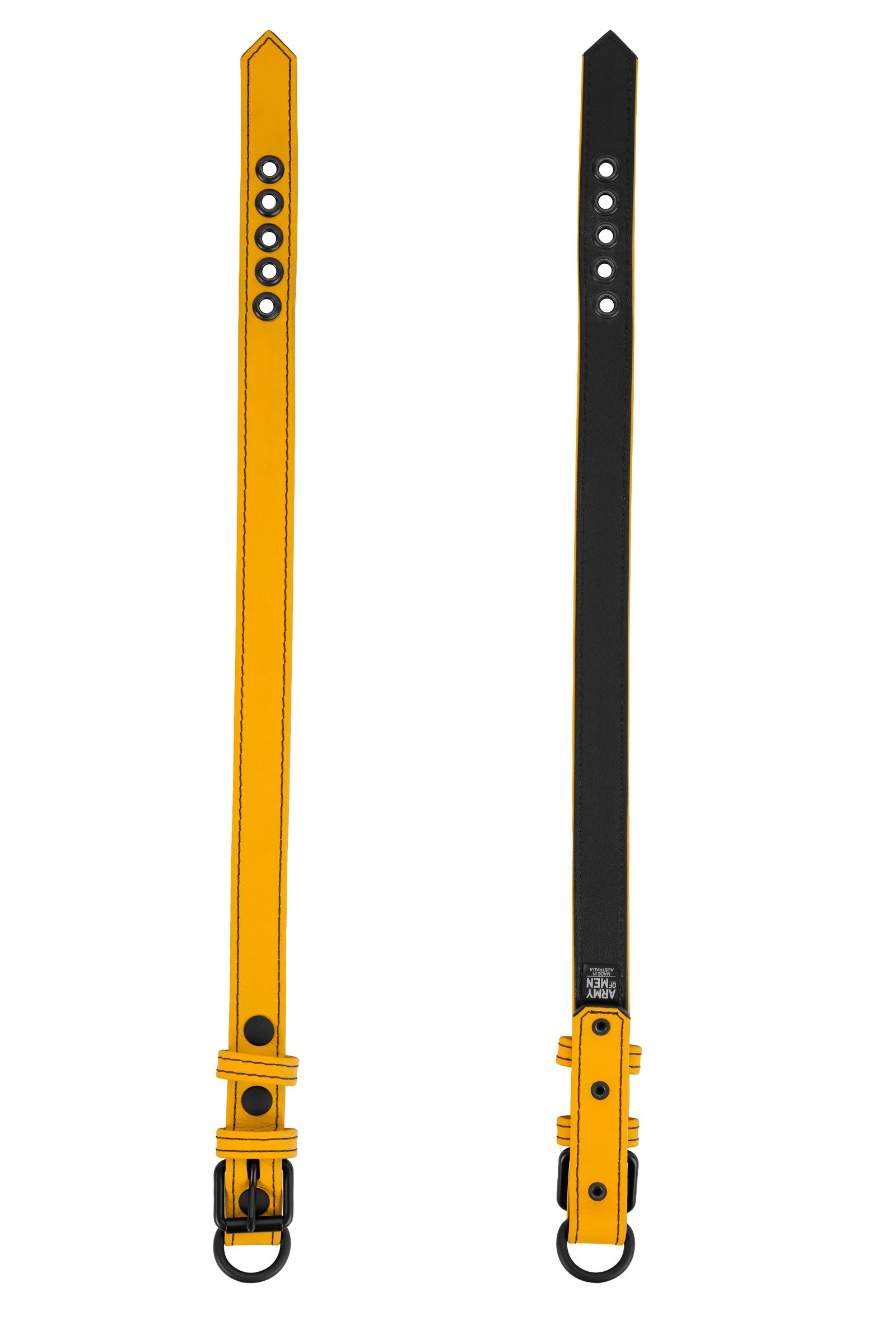 ARMY OF MEN 1" wide CLASSIC COLLAR NARROW - Yellow with matte black hardware, laid flat and showing both the front and back.