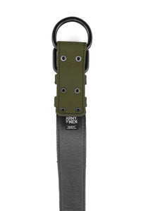 ARMY OF MEN 1.5" wide army green leather collar with matte black rivets, buckle, and D-ring, laid flat showing the lining.