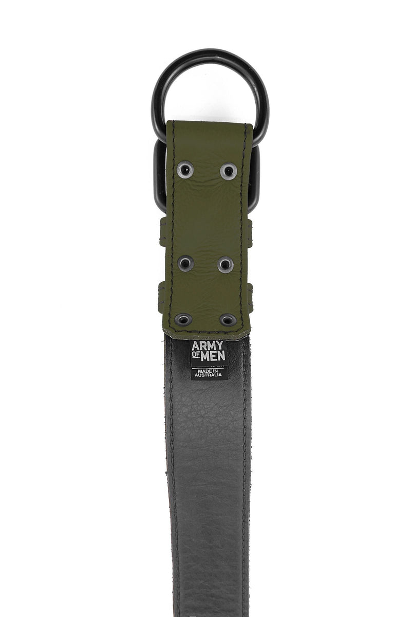 ARMY OF MEN 1.5" wide army green leather collar with matte black rivets, buckle, and D-ring, laid flat showing the lining.