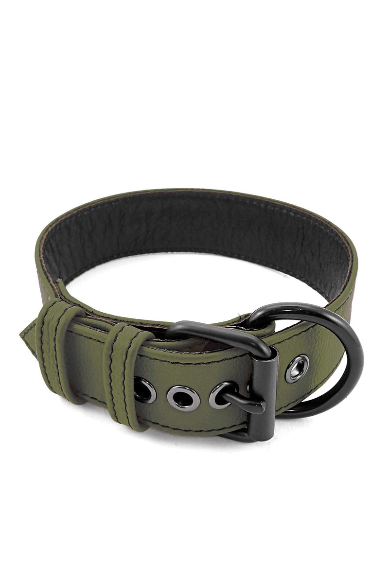 Coiled 1.5" wide ARMY OF MEN CLASSIC COLLAR WIDE - Army Green with matte black buckle and D-ring.