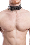 ARMY OF MEN 1.5" wide black leather collar with matte black hardware styled on a male model, facing forward.