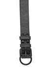 Overhead view of a 1.5" wide ARMY OF MEN black leather collar with matte black rivets, buckle, and D-ring.