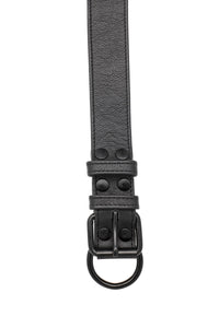 Overhead view of a 1.5" wide ARMY OF MEN black leather collar with matte black rivets, buckle, and D-ring.