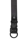 ARMY OF MEN 1.5" wide black leather collar with matte black buckle and D-ring, laid flat and revealing the lining leather.