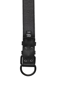 ARMY OF MEN 1.5" wide black leather collar with matte black buckle and D-ring, laid flat and revealing the lining leather.