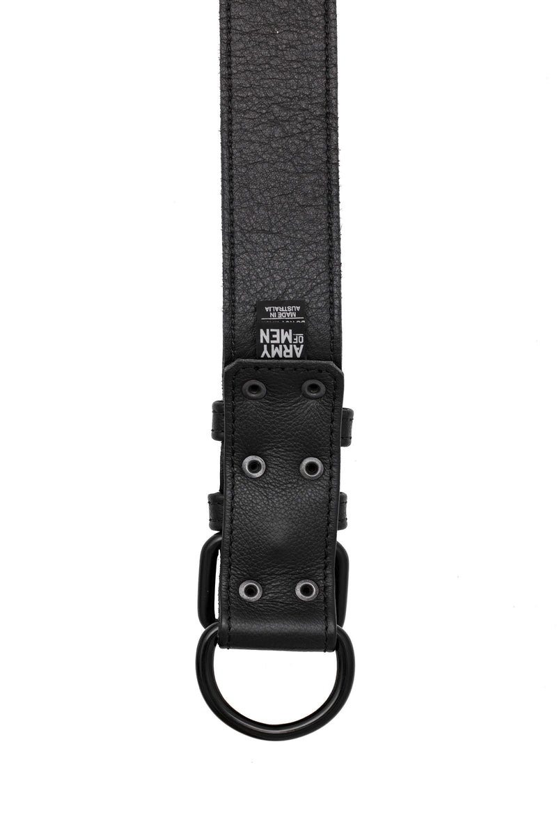ARMY OF MEN 1.5" wide black leather collar with matte black buckle and D-ring, laid flat and revealing the lining leather.
