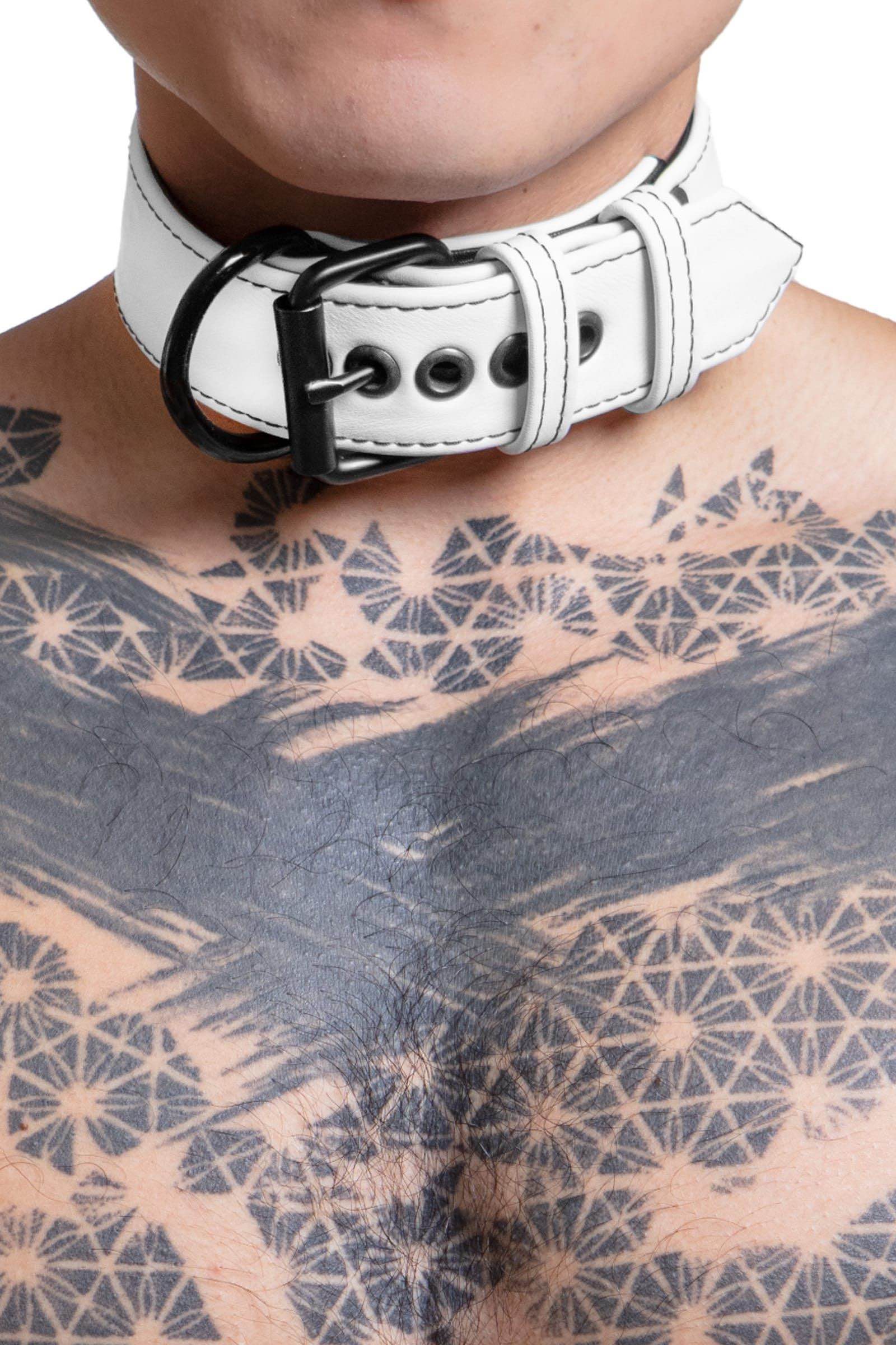 ARMY OF MEN 1.5" wide CLASSIC COLLAR WIDE - White & Black with matte black hardware styled on a male model, close-up view.