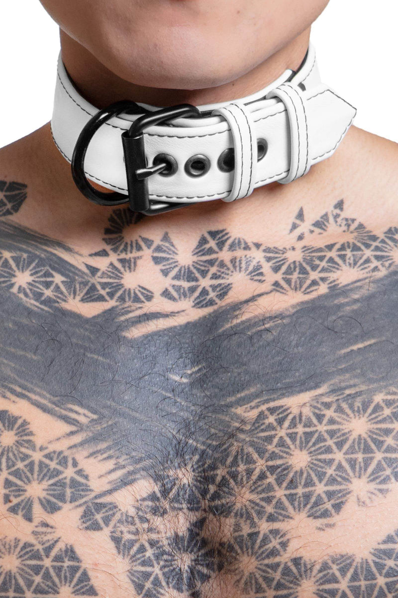 ARMY OF MEN 1.5" wide CLASSIC COLLAR WIDE - White & Black with matte black hardware styled on a male model, close-up view.