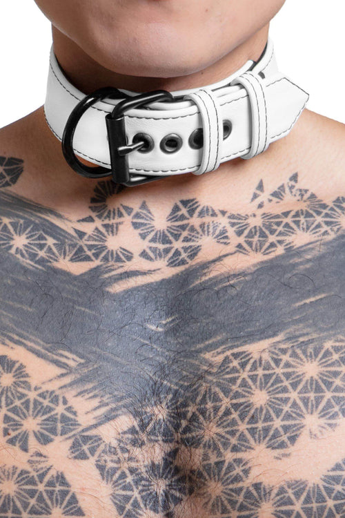 ARMY OF MEN 1.5" wide CLASSIC COLLAR WIDE - White & Black with matte black hardware styled on a male model, close-up view.
