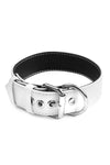A 1.5" wide ARMY OF MEN white leather collar, coiled to display stainless steel hardware.