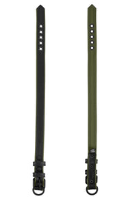 Displayed flat, two 1" wide ARMY OF MEN COMBAT COLLAR NARROW - Army Green with matte black hardware, showing both sides.