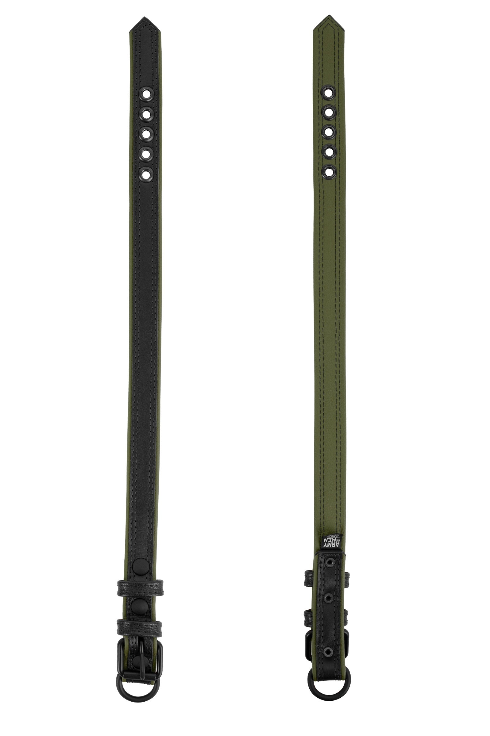Displayed flat, two 1" wide ARMY OF MEN COMBAT COLLAR NARROW - Army Green with matte black hardware, showing both sides.