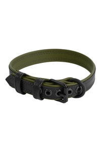 A 1" wide ARMY OF MEN black and army green leather collar, coiled to display matte black buckle, and D-ring.