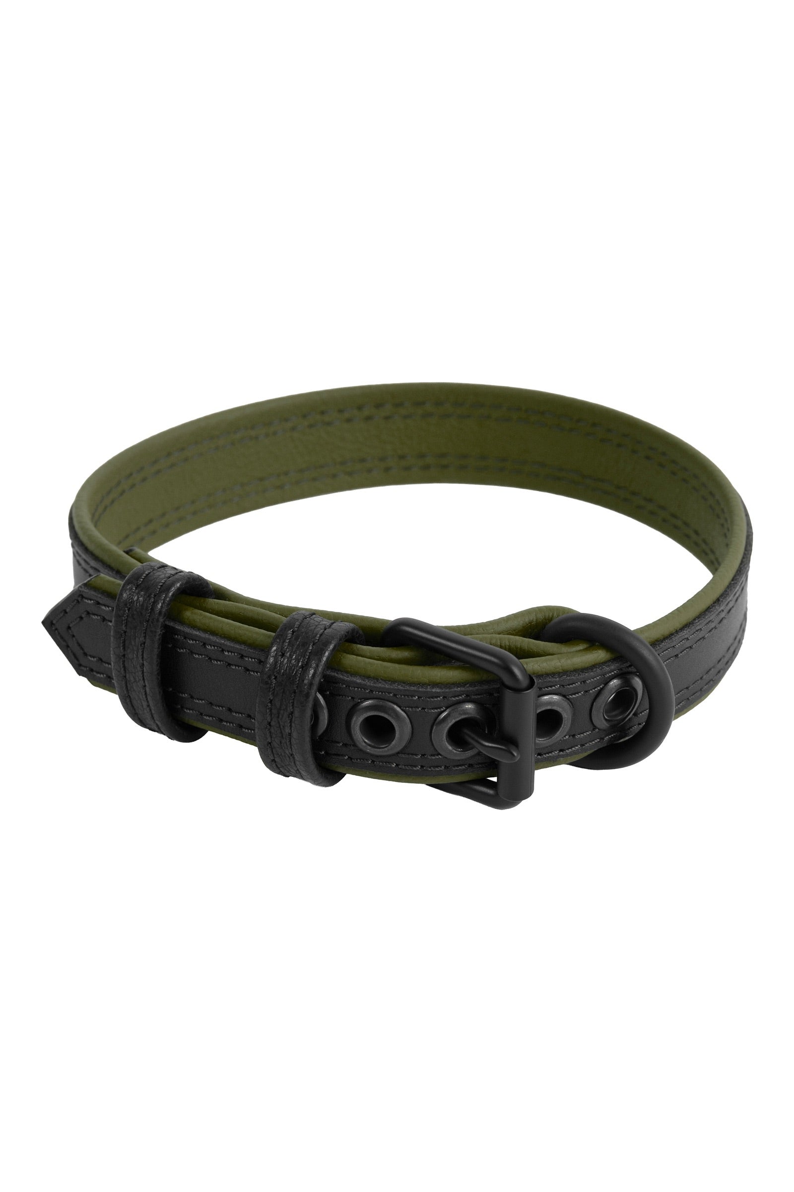A 1" wide ARMY OF MEN black and army green leather collar, coiled to display matte black buckle, and D-ring.