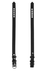 Displayed flat, two 1" wide ARMY OF MEN black leather collars with stainless steel hardware showing both front and back.