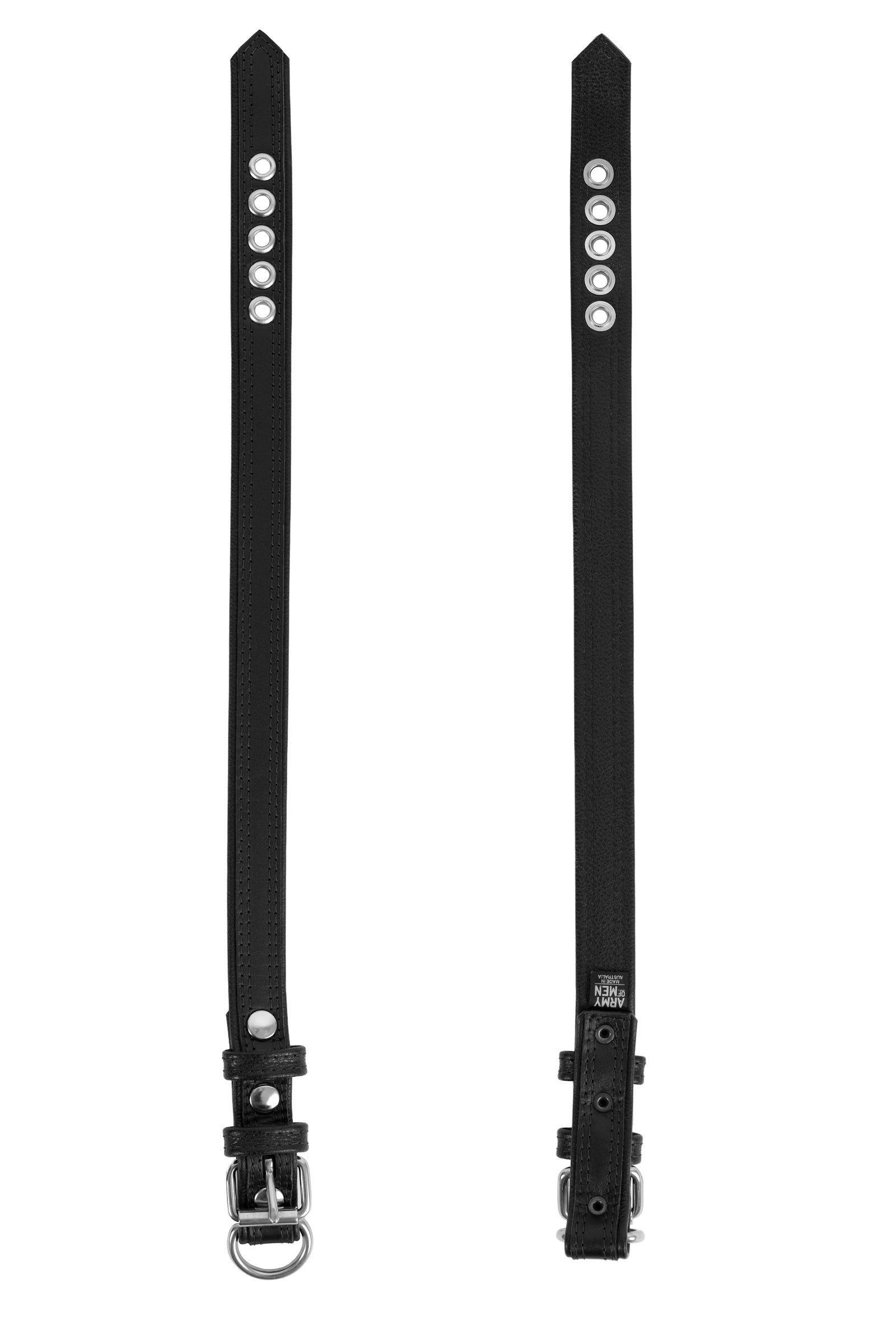 Displayed flat, two 1" wide ARMY OF MEN black leather collars with stainless steel hardware showing both front and back.