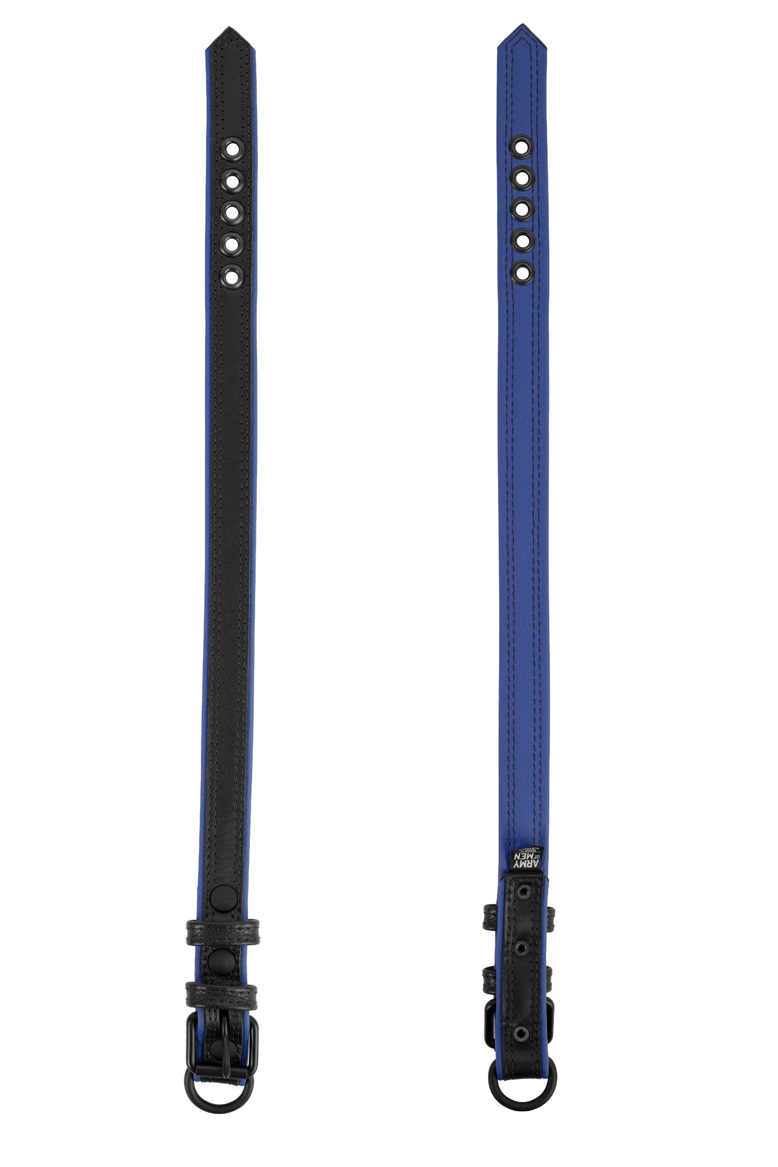 ARMY OF MEN 1" wide black and blue leather collars with black hardware, displayed flat showing both the front and lining.