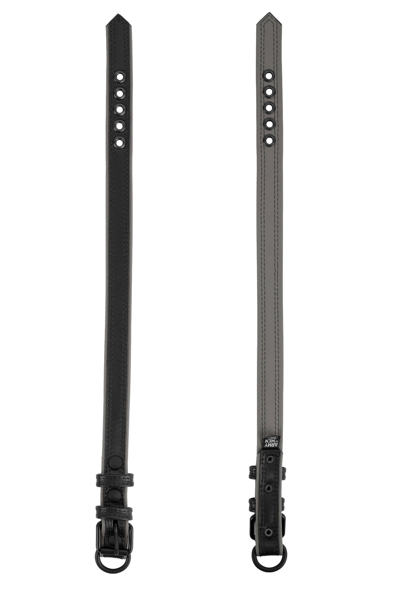 Flat-laid, two 1" wide ARMY OF MEN COMBAT COLLAR NARROW - Grey with matte black buckle and D-ring showing both sides.