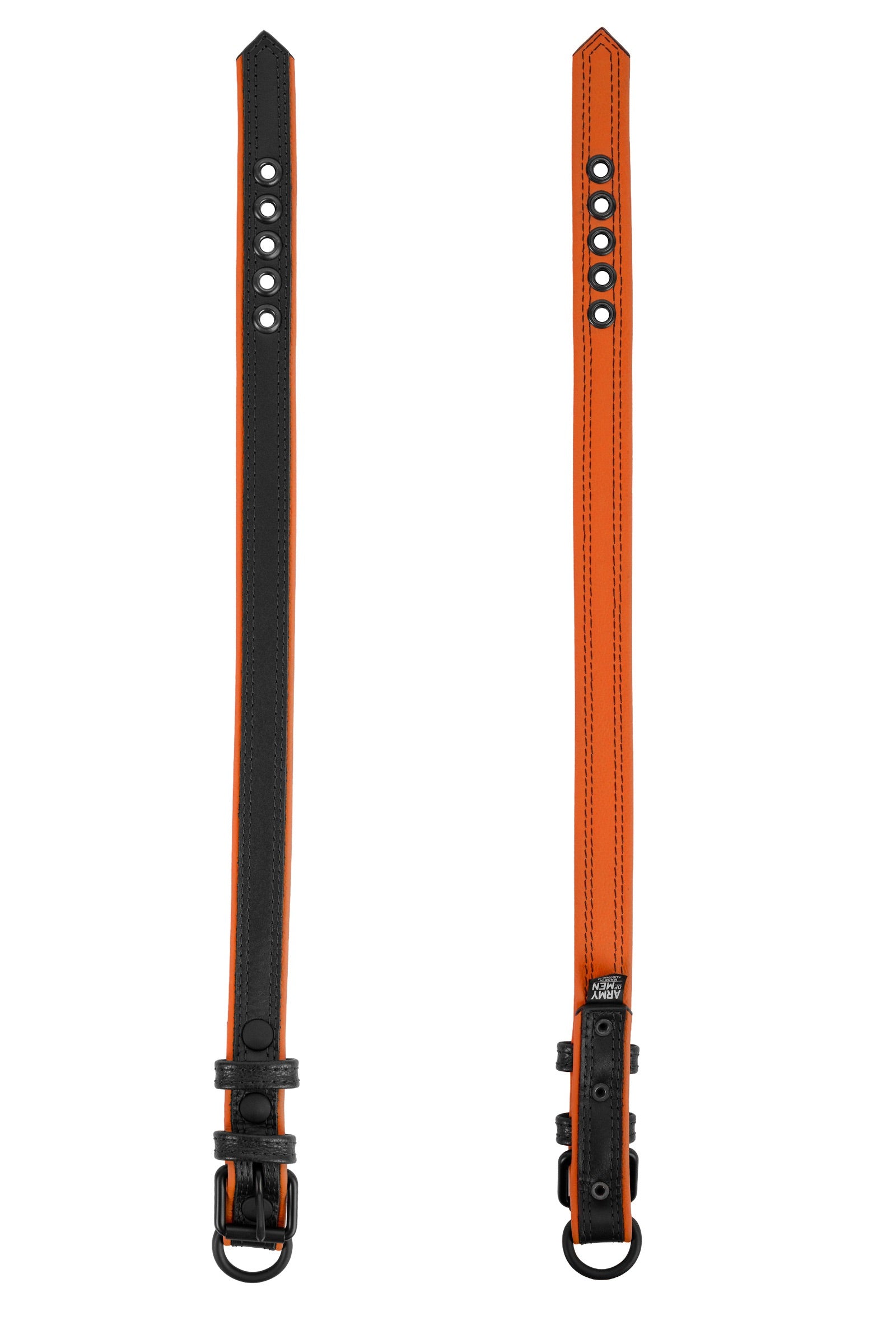 Two flat-laid 1" wide ARMY OF MEN COMBAT COLLAR NARROW - Orange with matte black hardware shown face up and down.
