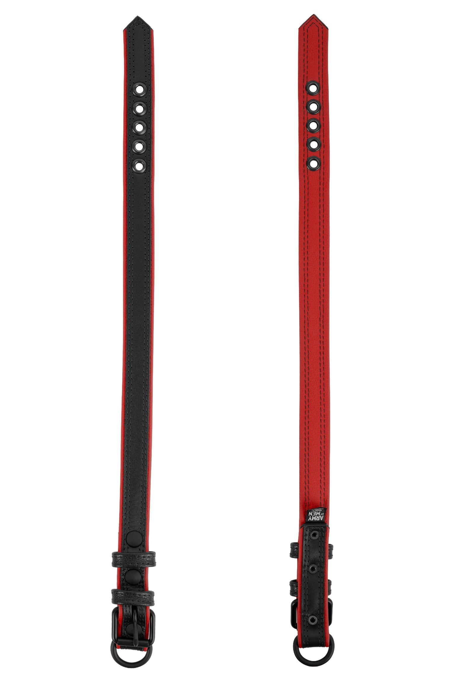 Two flat-laid 1" wide ARMY OF MEN black and red leather collars with black hardware and buckles, shown face up and down.