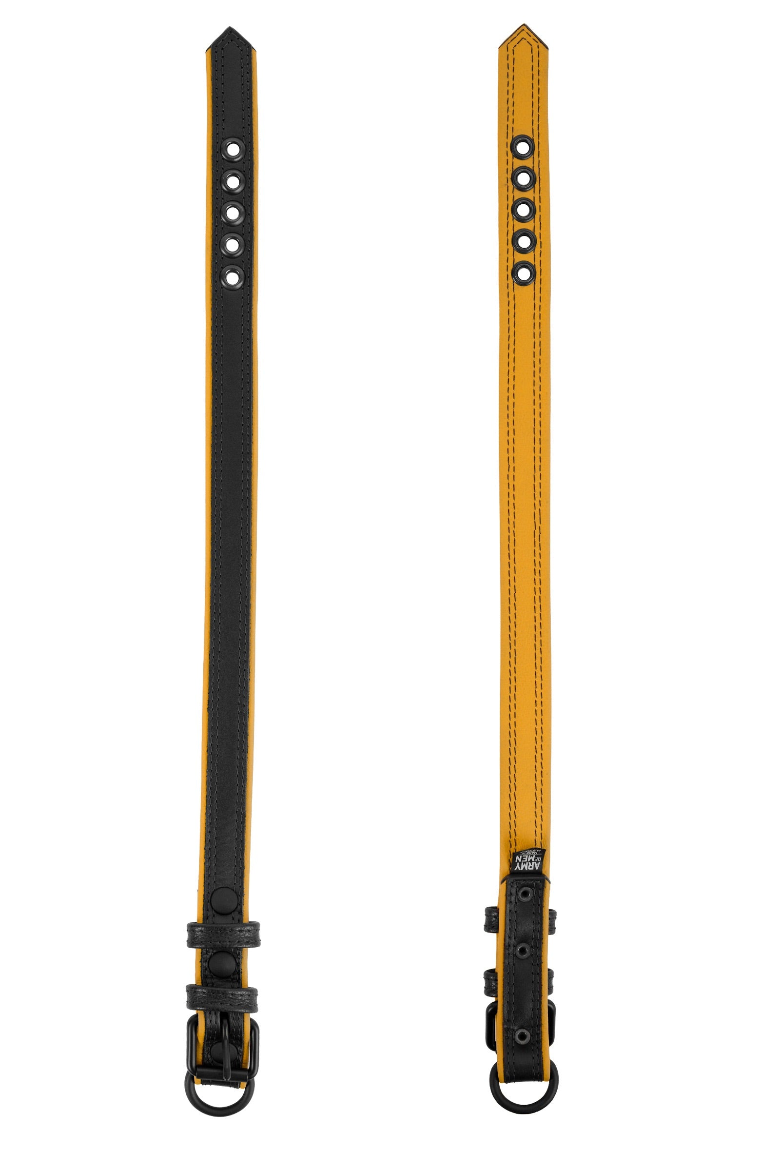ARMY OF MEN 1" wide COMBAT COLLAR NARROW - Yellow with matte black hardware, laid flat and showing both the front and back.