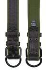 Displayed flat, two 1.5" wide ARMY OF MEN COMBAT COLLAR WIDE - Army Green with matte black hardware, showing both sides.