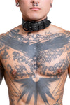 Front view of athletic model in a 1.5" wide ARMY OF MEN COMBAT COLLAR WIDE - Black with black rivets, buckle, and D-ring.