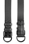 ARMY OF MEN 1.5" wide black leather collars with black buckle and D-ring, laid flat revealing both the front and lining.
