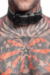 ARMY OF MEN 1.5" wide black and grey leather collar with matte black hardware styled on a male model, shown in detail.