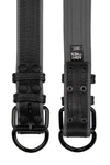 Flat-laid, two 1.5" wide ARMY OF MEN COMBAT COLLAR WIDE - Grey with matte black buckle and D-ring showing both sides.