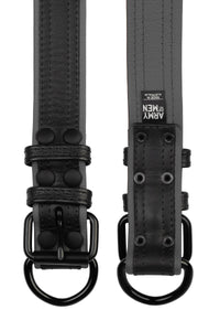 Flat-laid, two 1.5" wide ARMY OF MEN COMBAT COLLAR WIDE - Grey with matte black buckle and D-ring showing both sides.