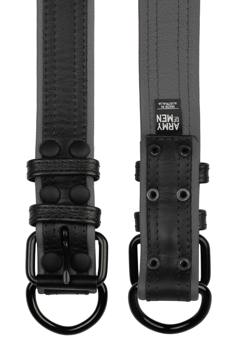 Flat-laid, two 1.5" wide ARMY OF MEN COMBAT COLLAR WIDE - Grey with matte black buckle and D-ring showing both sides.