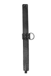 A 1.5" wide ARMY OF MEN black leather D-ring collar with stainless steel hardware, laid flat and showing the lining leather.