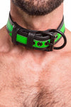 Detailed view of male model wearing a 1.5" wide ARMY OF MEN black and fluro green leather collar with matte black hardware.