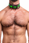 A 1.5" wide ARMY OF MEN FLURO STRIPE COLLAR - Fluro Green with matte black rivets, buckle, and D-ring, worn by a fit model.