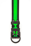 Overhead view of a 1.5" wide ARMY OF MEN FLURO STRIPE COLLAR - Fluro Green with matte black hardware.