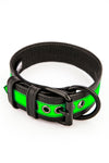 Coiled 1.5" wide ARMY OF MEN FLURO STRIPE COLLAR - Fluro Green with matte black rivets, buckle, and D-ring.