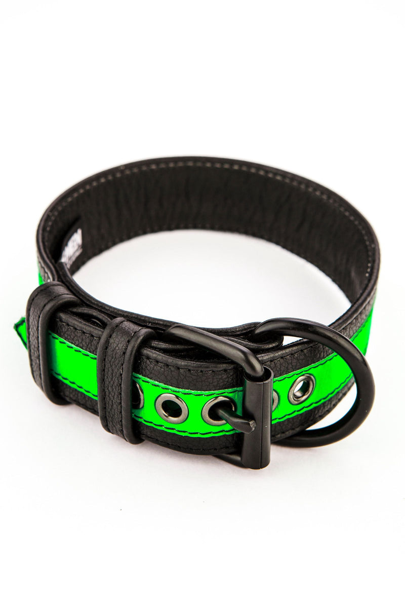 Coiled 1.5" wide ARMY OF MEN FLURO STRIPE COLLAR - Fluro Green with matte black rivets, buckle, and D-ring.