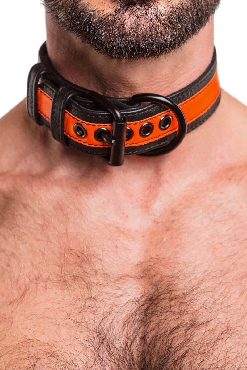 Detailed view of hairy model wearing a 1.5" wide ARMY OF MEN FLURO STRIPE COLLAR - Fluro Orange with matte black hardware.
