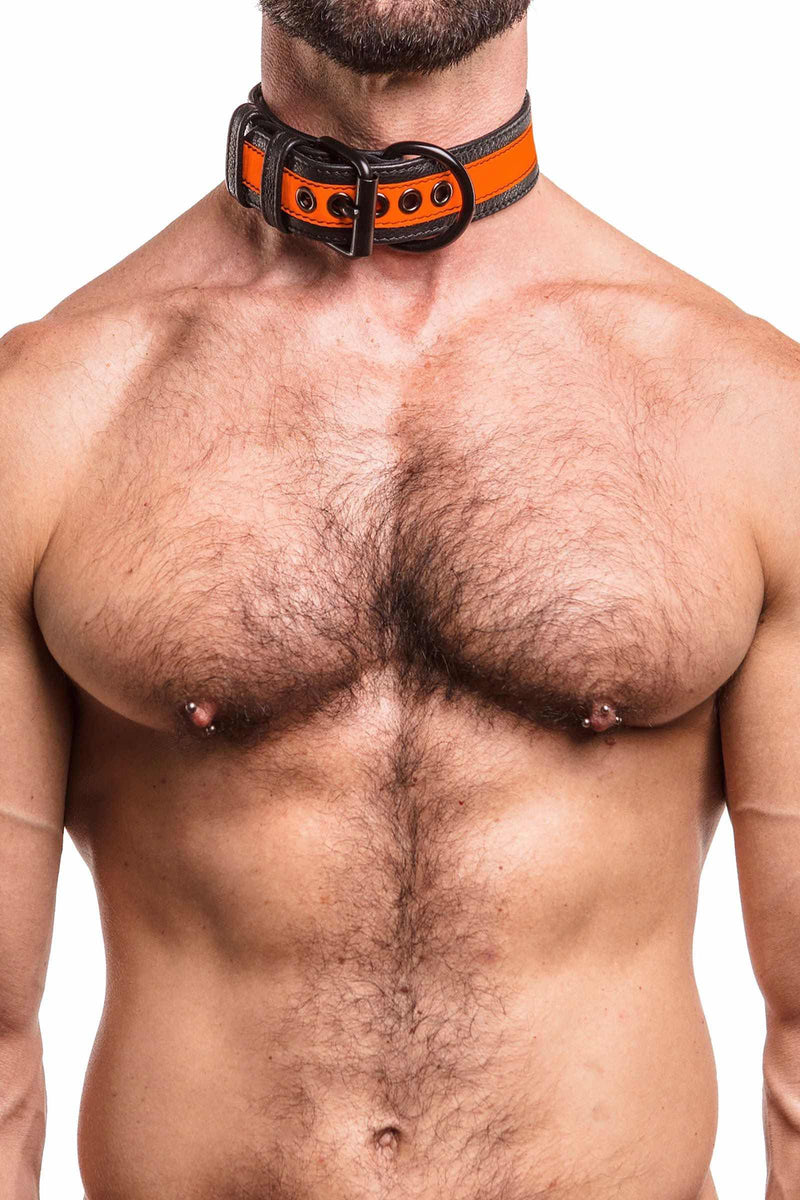 Front-on shot of a defined model wearing a 1.5" wide ARMY OF MEN black and fluro orange leather collar with black hardware.