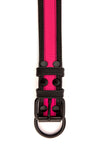 A 1.5" wide ARMY OF MEN black and fluro pink leather collar with matte black rivets, laid flat and viewed from above.