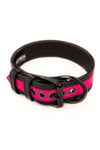 Australian-made 1.5" wide ARMY OF MEN black and fluro pink leather collar, coiled with a matte black buckle and D-ring.
