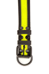 Overhead view of a 1.5" wide ARMY OF MEN FLURO STRIPE COLLAR - Fluro Yellow with a matte black buckle and D-ring.