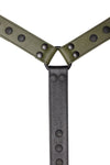 A 1.5" wide ARMY OF MEN black and army green leather bulldog connector with black hardware, laid flat and viewed from above.
