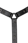 Flat-laid and facing down a 1.5" wide ARMY OF MEN BULLDOG CONNECTOR - Black with black hardware revealing the lining leather.