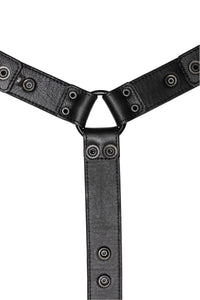 Flat-laid and facing down a 1.5" wide ARMY OF MEN BULLDOG CONNECTOR - Black with black hardware revealing the lining leather.