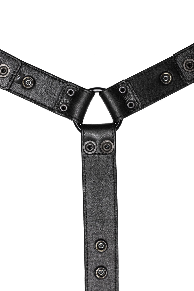 Flat-laid and facing down a 1.5" wide ARMY OF MEN BULLDOG CONNECTOR - Black with black hardware revealing the lining leather.