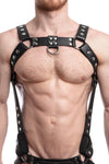 A chiselled model in a 1.5" wide ARMY OF MEN FULL BULLDOG KIT - Stainless Steel connected to a jockstrap, front facing view.