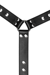 Flat lay view of a 1.5" wide ARMY OF MEN BULLDOG CONNECTOR with stainless steel O-ring, rivets, and snaps.